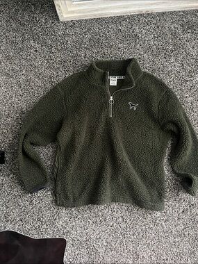 PINK Victoria's Secret Olive Green Sherpa Half-Zip Pullover